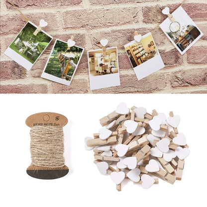 Pandahall 100pcs White Heart Clothespins Wooden Photo Paper Peg Pin Craft Clips with 10.9 Yards Natural Jute Twine for Paper Photo Display Hanging Home Party Wedding Decoration