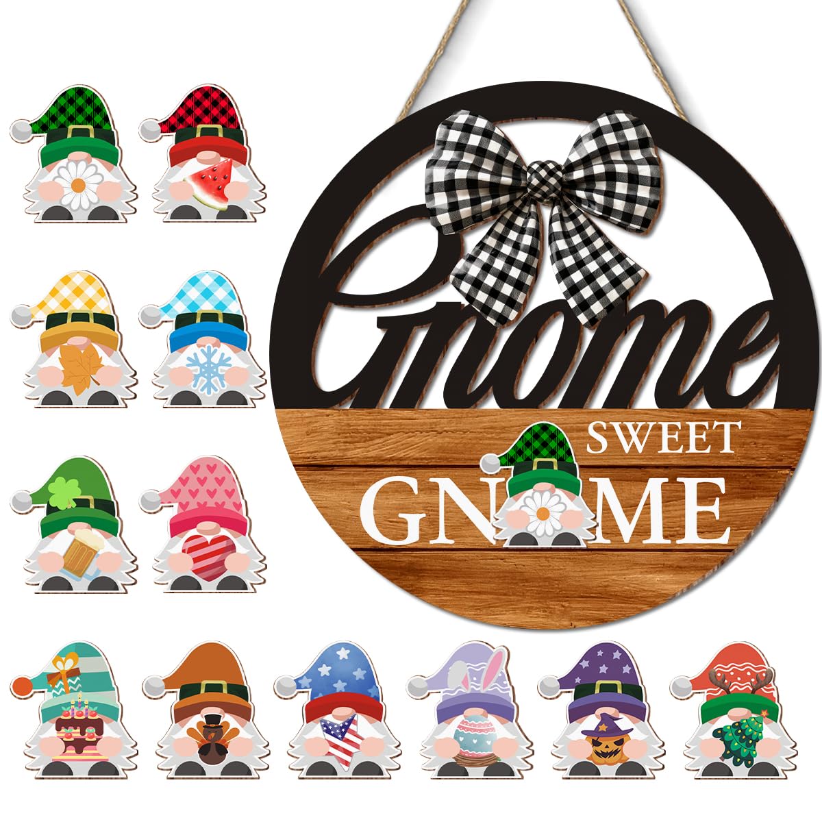 Interchangeable Seasonal Gnome Sweet Gnome Hanging Sign - Farmhouse Front Door Decoration for Spring All Seasons Holidays - Rustic Round Wood Wreaths with 12 Icons(Orange)