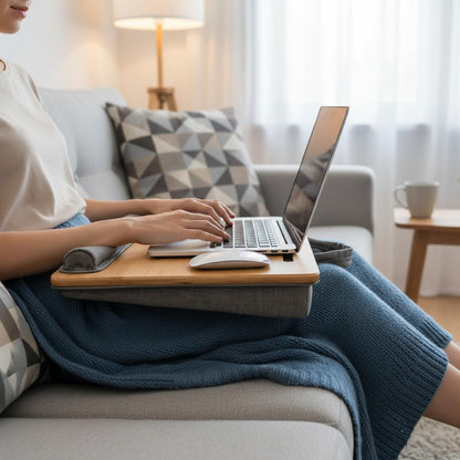 SANJIMO Lap Desk for Laptop with Cushion, Bamboo Laptop Stand with Anti-Slip Strip Tablet Phone Holder, Fits up to 15.6 inch Portable Computer Lap Desk for Couch, Bed & Car