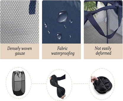 The upgraded pop-up laundry basket features a breathable side pocket mesh design