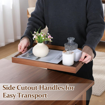 HANLANXUE 2 Pcs 17 Inch Acacia Wood Serving Trays with Handles, Large Wooden Tray Platter for Ottoman, Breakfast in Bed, Coffee Table, Decorative Rectangular Tray for Living Room Bedroom Kitchen