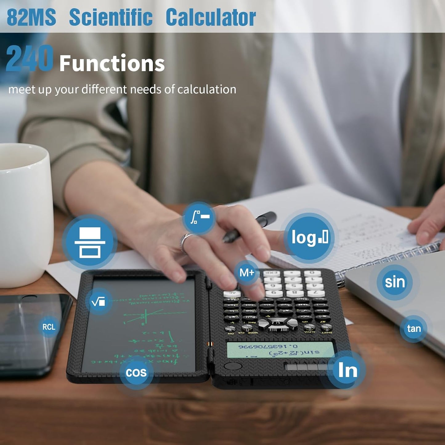 Scientific Calculator for Students, 82MS Foldable Science Calculator with Notepad Solar Energy Science Calculators for Middle and High School Supplies (82MS Black)