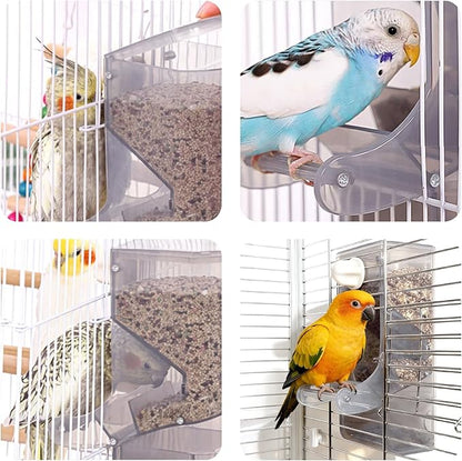 AOTU Automatic No Mess Bird Feeder for Cage - Crack-Resistant Plastic Bird Cage Seed Catcher Clear Bird Cage Feeder for Small Medium Birds Parrots Cockatiels Parakeets Conures Canaries (Light Gray)