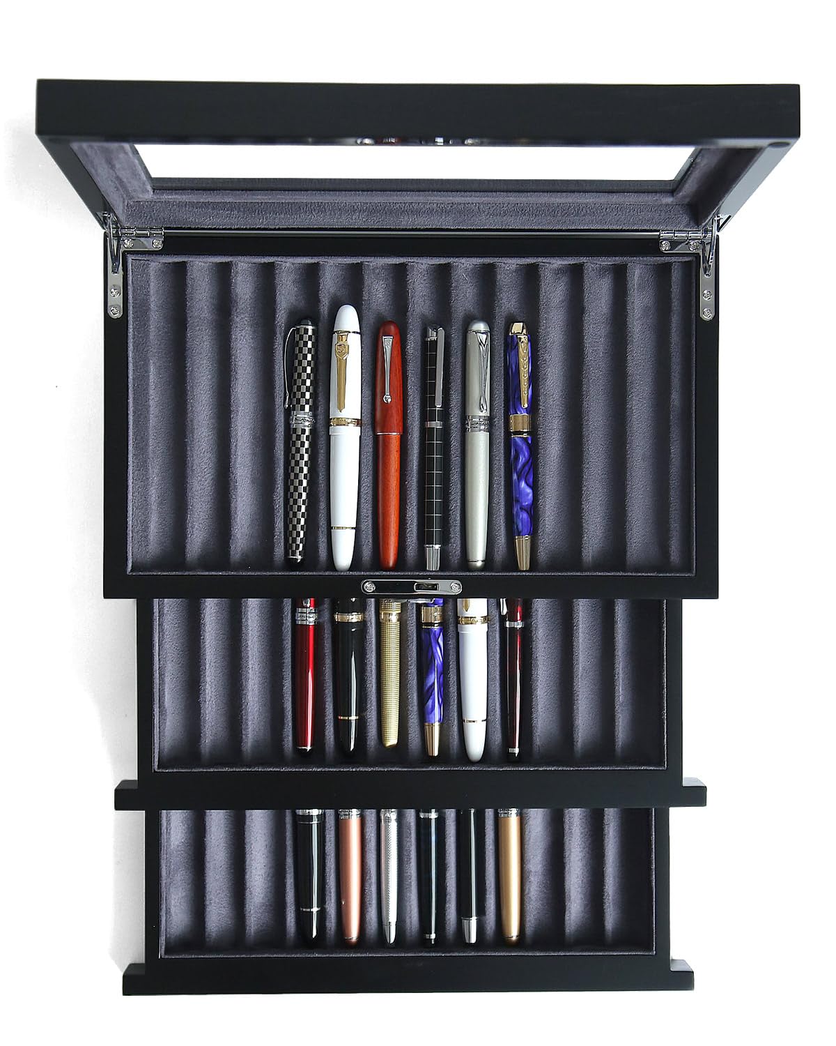 Besforu wood pen display case 36 slot Fountain pen Box storage Organizer with drawer, Top Glass Window Pen Collection Display Case
