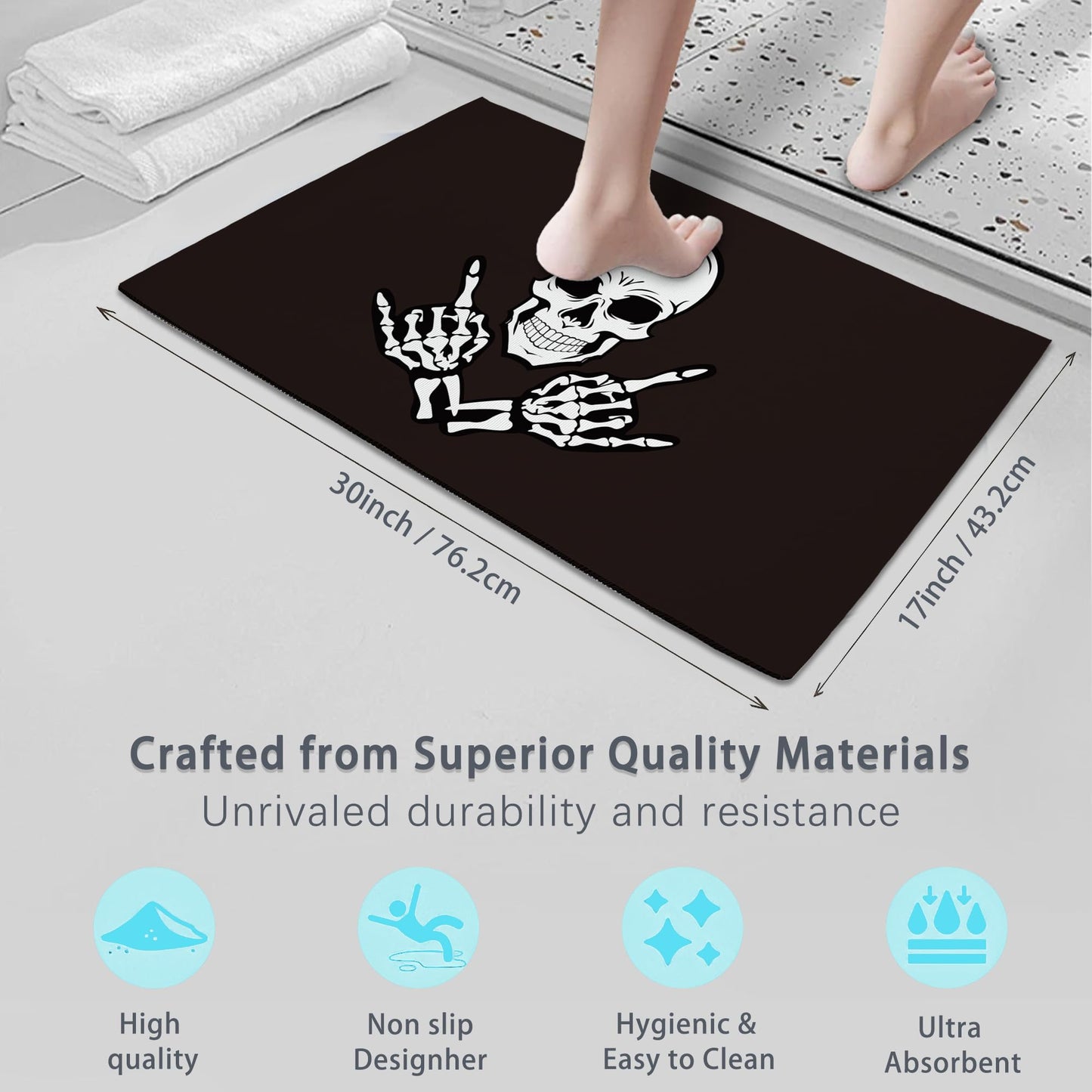 Door Mat Skeleton Hands Gestures Rock and Roll Welcome Mat 30"x17" Outdoor and Indoor,Non-Slip Front Doormat for Home Entrance,Outside Entry,Yard,Floor,Patio