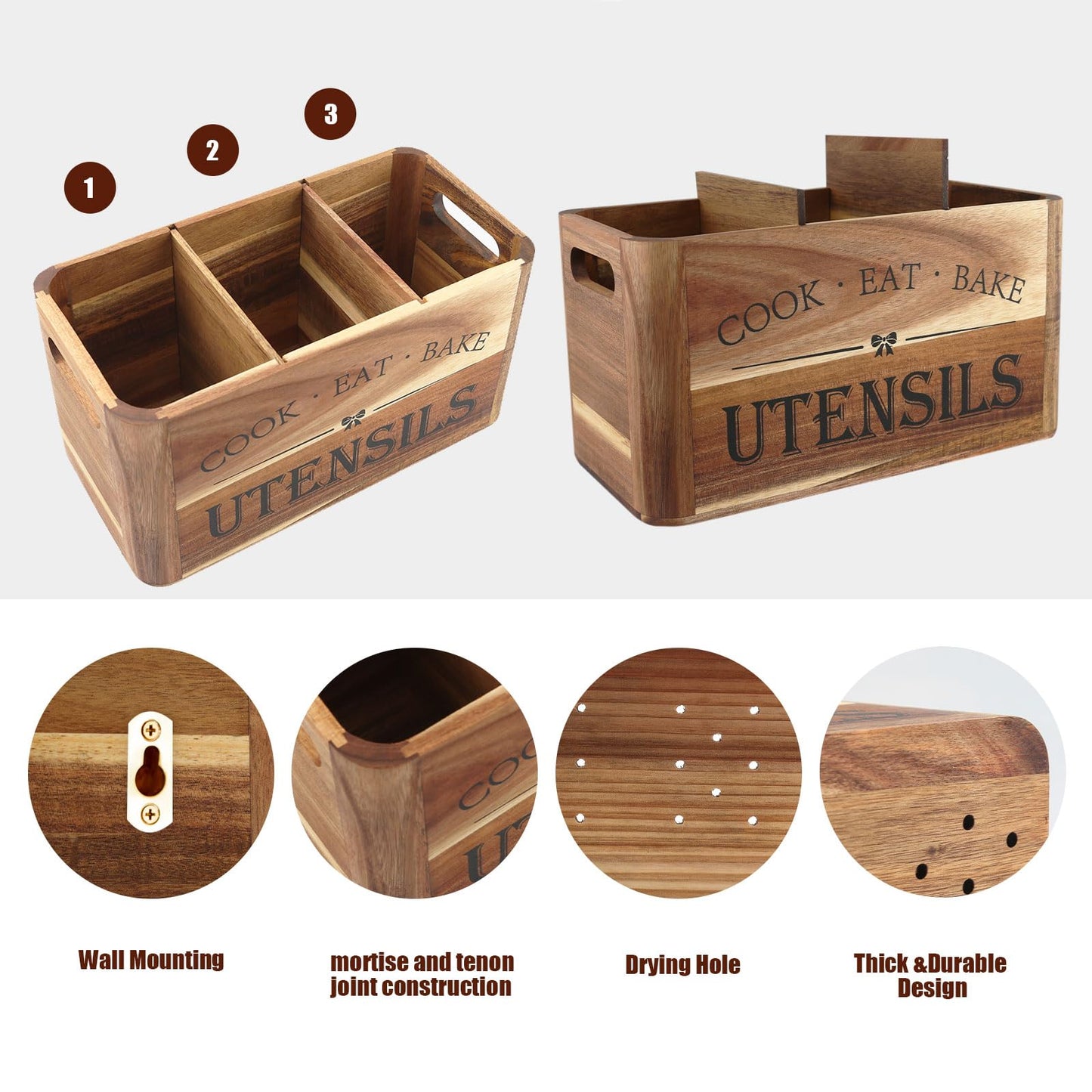 RMCOKGX Utensil Holder for Kitchen Countertop - Extra Large 3 Compartment Wooden Organizer in Acacia Wood, Storage for Cooking Tools and Cutlery, Farmhouse Style for Home Cooking