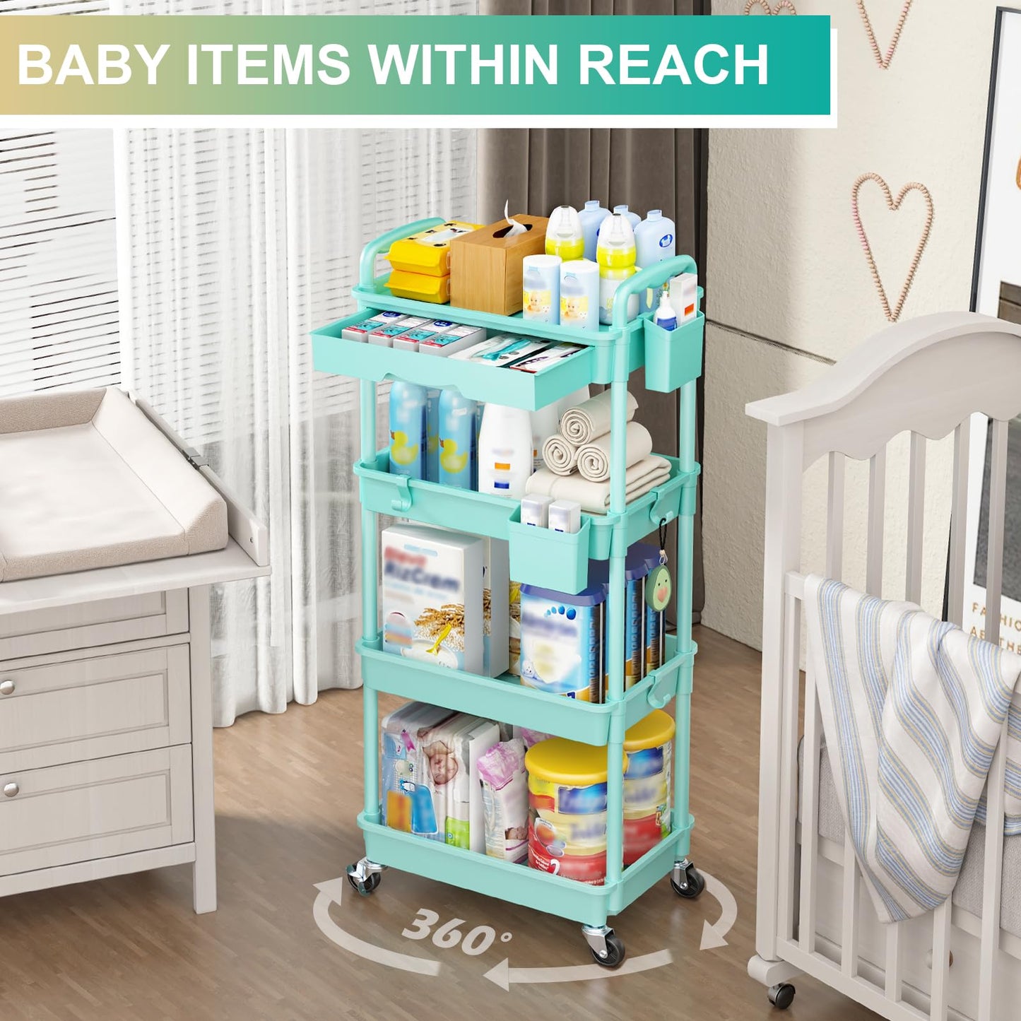 Goovilla 3 Tier Rolling Utility Cart Organizer with Removable Drawer, Stable and Sturdy Black Rolling Storage Carts with 2 Lockable Wheels for Bathroom, Kitchen, Snack, Craft, Makeup, Baby Essentials