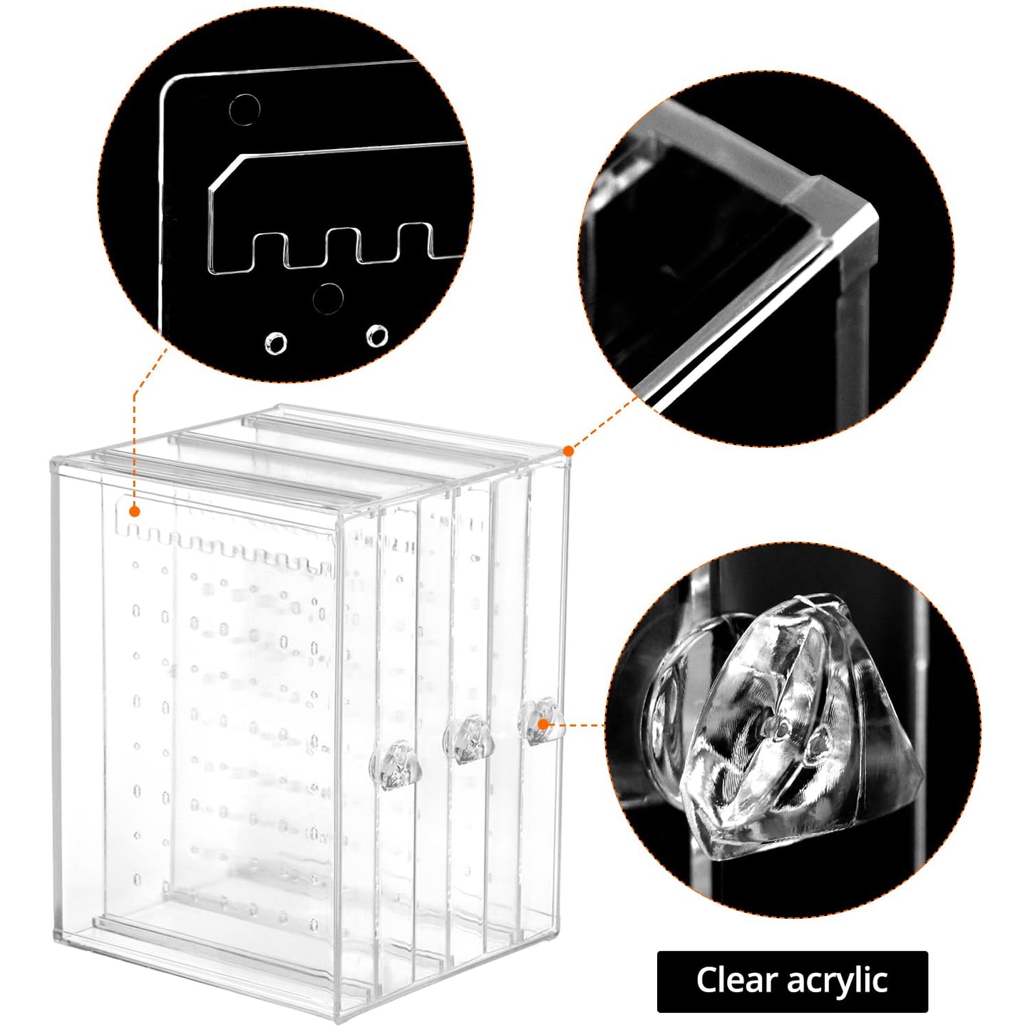 QWORK Clear Acrylic Jewelry Storage Box - Earring Display Stand Holder with 3 Vertical Slide-Out Drawers, 216 Earring Holes & 36 Necklace Grooves