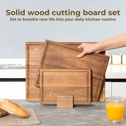 muso wood Solid Wood Cutting Board 3-Piece Set Kitchen Acacia Wood Cutting Board with Stand 0.8-inch Thick Wooden Cutting Board with Juice Groove Ideal for Chopping Vegetables and Serving Food