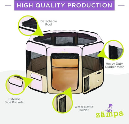 Zampa Puppy Pop Up Portable Playpen for Dog and Cat, Foldable | Indoor/Outdoor Kitten Pen & Travel Pet Carrier + Carrying Case (Pink, Extra Small (29"x29"x17"))