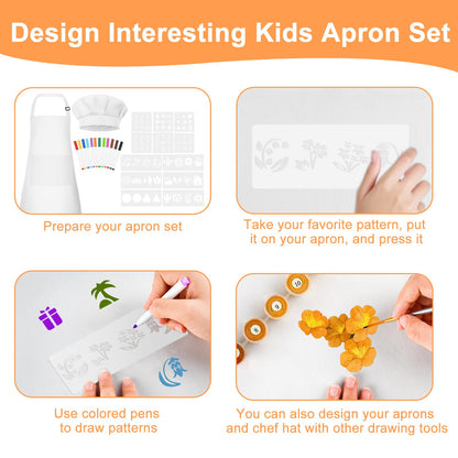BOUBONI 12 Sets Kids Apron and Chef Hat Set Adjustable Toddler Apron with Colored Pen Template for Baking Painting Crafts