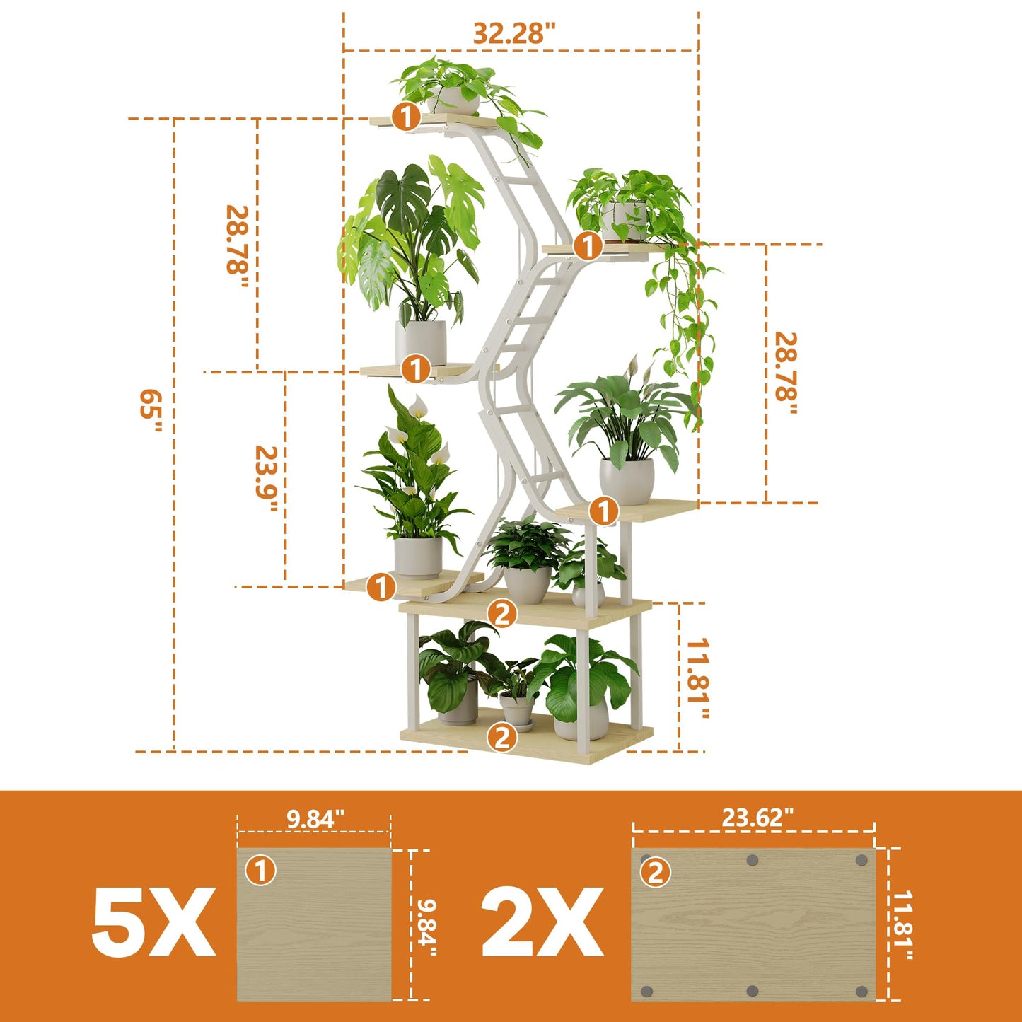 MemoCastle White Plant Shelves with Grow Lights: 7-Tier 65" Tall Modern Plant Stand for Indoor Corners, Living Room Display or Bedroom Gardening Rack