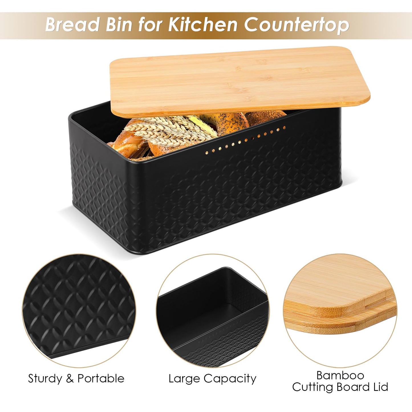 Hossejoy Metal Bread Box with Bamboo Cutting Board Lid, Bread Storage Container for Kitchen Countertop, Modern Bread Bin Holder Breadbox, Kitchen Decor Organizer (Black)