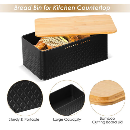 Hossejoy Metal Bread Box with Bamboo Cutting Board Lid, Bread Storage Container for Kitchen Countertop, Modern Bread Bin Holder Breadbox, Kitchen Decor Organizer (Black)