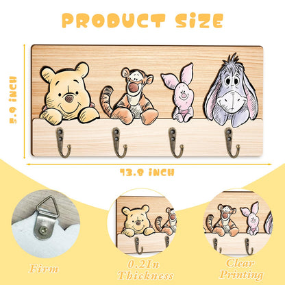 ZsaTuiy Winnie Nursery Bathroom Bedroom Wall Decor, Wooden Hanger Rail with 4 Pegs,The Pooh Tigger Eeyore Wall Hooks, Winnie Nursery Hook Cute Towel Hanger, The Pooh Home Decoration for Kids Room