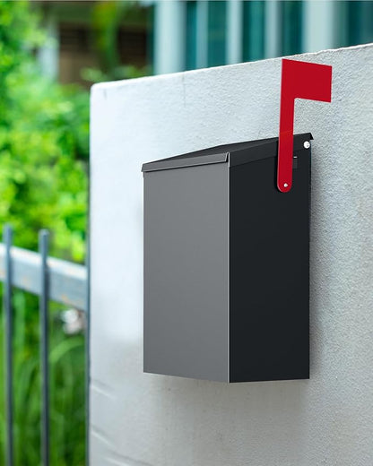 LAND·VOI Wall-Mount Mailbox with One Flag Kit and Three Sets of 0-9 Mailbox Number Stickers, Mailboxes for Outside, Galvanized Steel Rust-Proof Metal Post Box, 3.9" D x 7.1" W x 10.24" H Black AMB05B