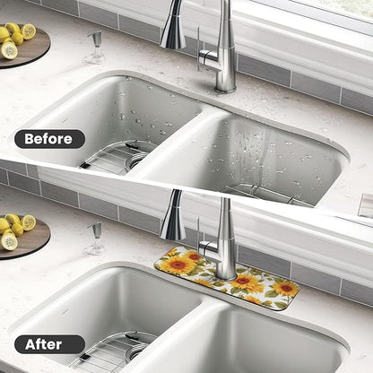 Kitchen Faucet Mat 15 x 5.5 Inch Sunflowers Faucet Draining Mat Absorbent