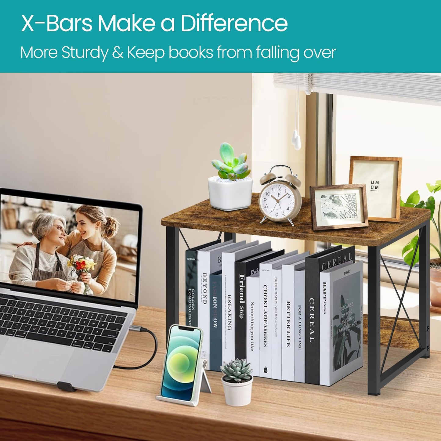 ELITEROO Wood Desktop Shelf, 2 Tier Desk Shelves + Printer Stand, Printer Riser Stands, Small Bookshelf Organizer, Office Storage Rack and Cubicle Organizers Accessories for Dorm Office Home, Brown