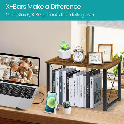 ELITEROO Wood Desktop Shelf, 2 Tier Desk Shelves + Printer Stand, Printer Riser Stands, Small Bookshelf Organizer, Office Storage Rack and Cubicle Organizers Accessories for Dorm Office Home, Brown