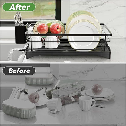 Simple Trending Dish Drying Rack, Space-Saving Dish Rack for Kitchen Counter, Stainless Steel Dish Drainer with Cutlery Holder and Drainboard, 12''W x 17''L, Black