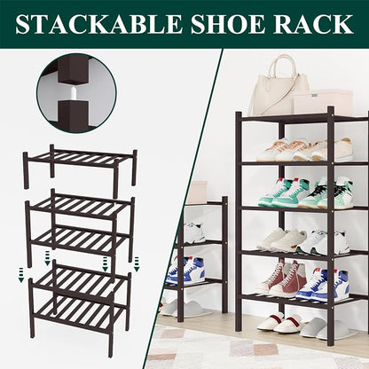 Smiry Small Bamboo Shoe Rack, 2 Tier Free Standing Wooden Shoe Organizer, Stackable Wood Shoe Storage Shelf for Closet, Entryway, 12 Vertical Slats, One-piece Standard Legs, 17.3"x11"x13", Brown