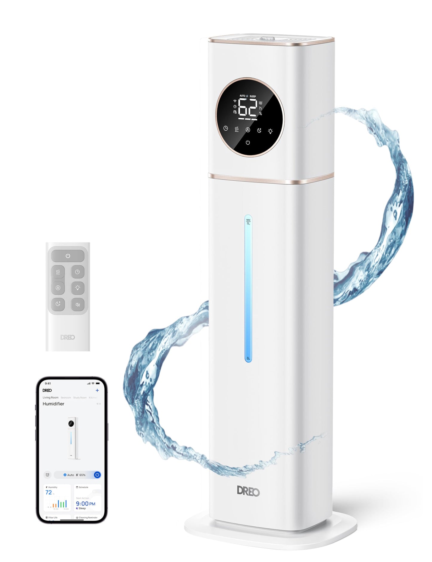 DREO HM735S 11L Smart Humidifier Large Room 700 ft², 100H Cool Mist Air Humidifiers for Bedroom, Top-Fill, Clean Tank Technology, 26dB, Auto Mode, Aroma Box, RGB, Remote & APP Control, Baby, White