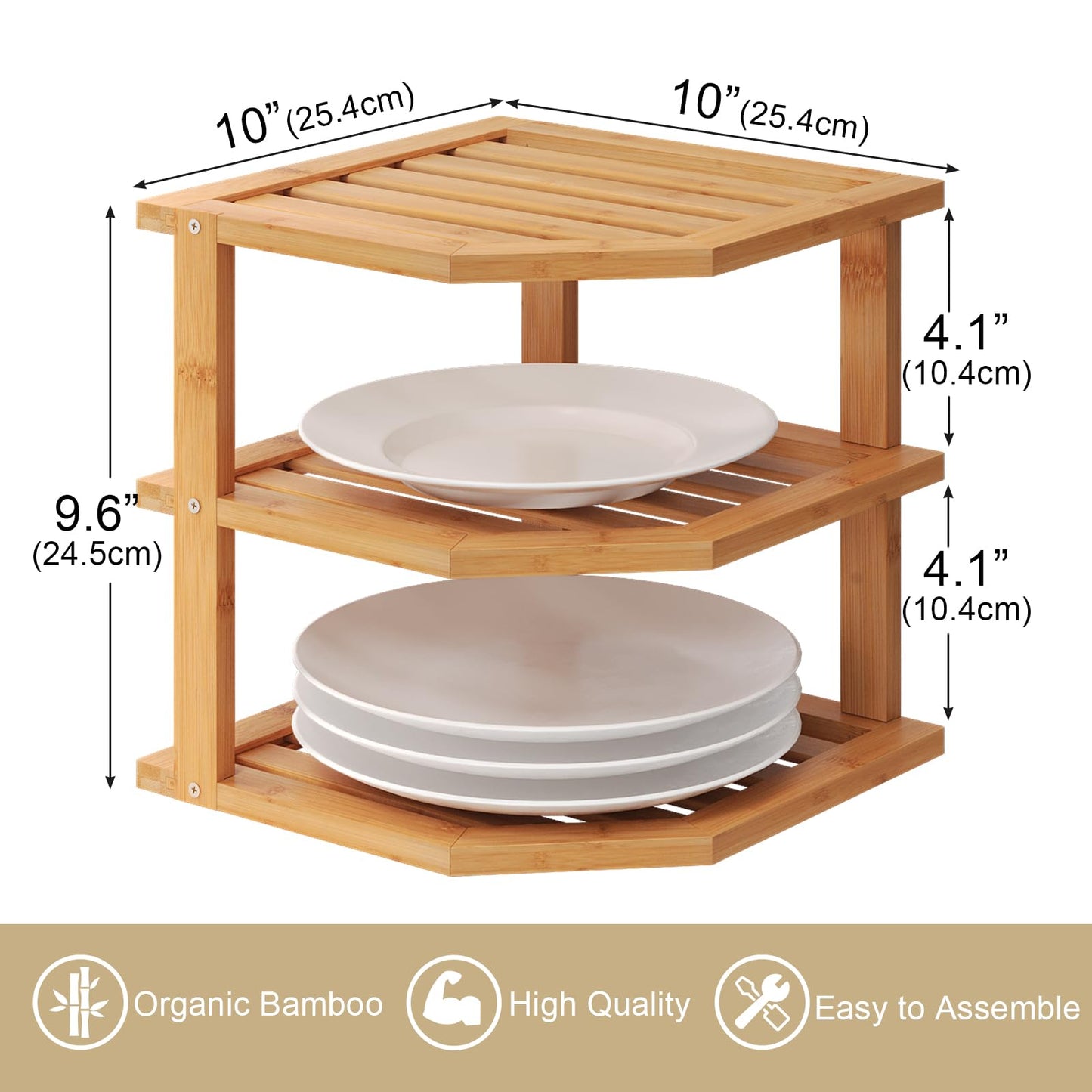 VERTORGAN 3 Tier Bamboo Corner Shelf(2 Pack),Plate Organizer,Dish Drying Rack,Kitchen Spice Rack for Countertop and Cabinet
