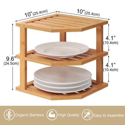 VERTORGAN 3 Tier Bamboo Corner Shelf(2 Pack),Plate Organizer,Dish Drying Rack,Kitchen Spice Rack for Countertop and Cabinet