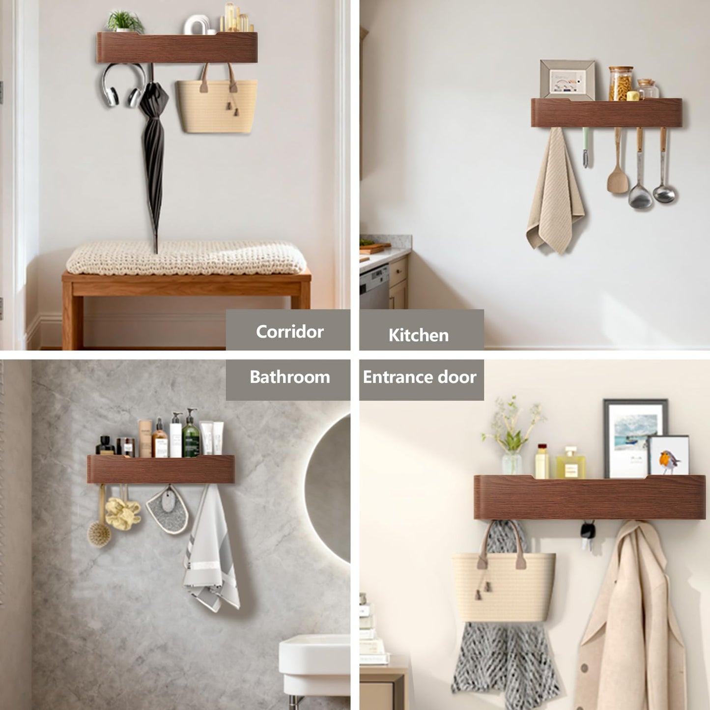 VERASCOT Wall Mounted Coat Rack with Shelf, Wooden Entryway Organizer with Hidden Metal Hooks for Hanging Coats Bags Keys, Modern Floating Shelf for Hallway Bathroom