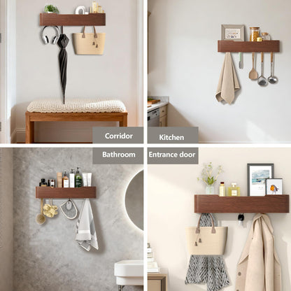 VERASCOT Wall Mounted Coat Rack with Shelf, Wooden Entryway Organizer with Hidden Metal Hooks for Hanging Coats Bags Keys, Modern Floating Shelf for Hallway Bathroom