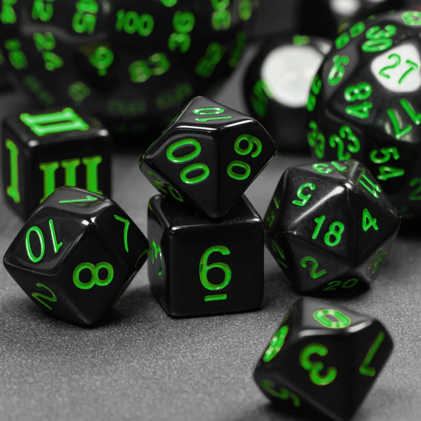 Poludie 15 Pieces Complete Polyhedral DND Dice Set D3-D100 Spherical D&D Dice Set with Dragon Eye Dice Bag, D100 Dice for Dungeons and Dragons, RPG Table Games(Black w/Green Numbers)