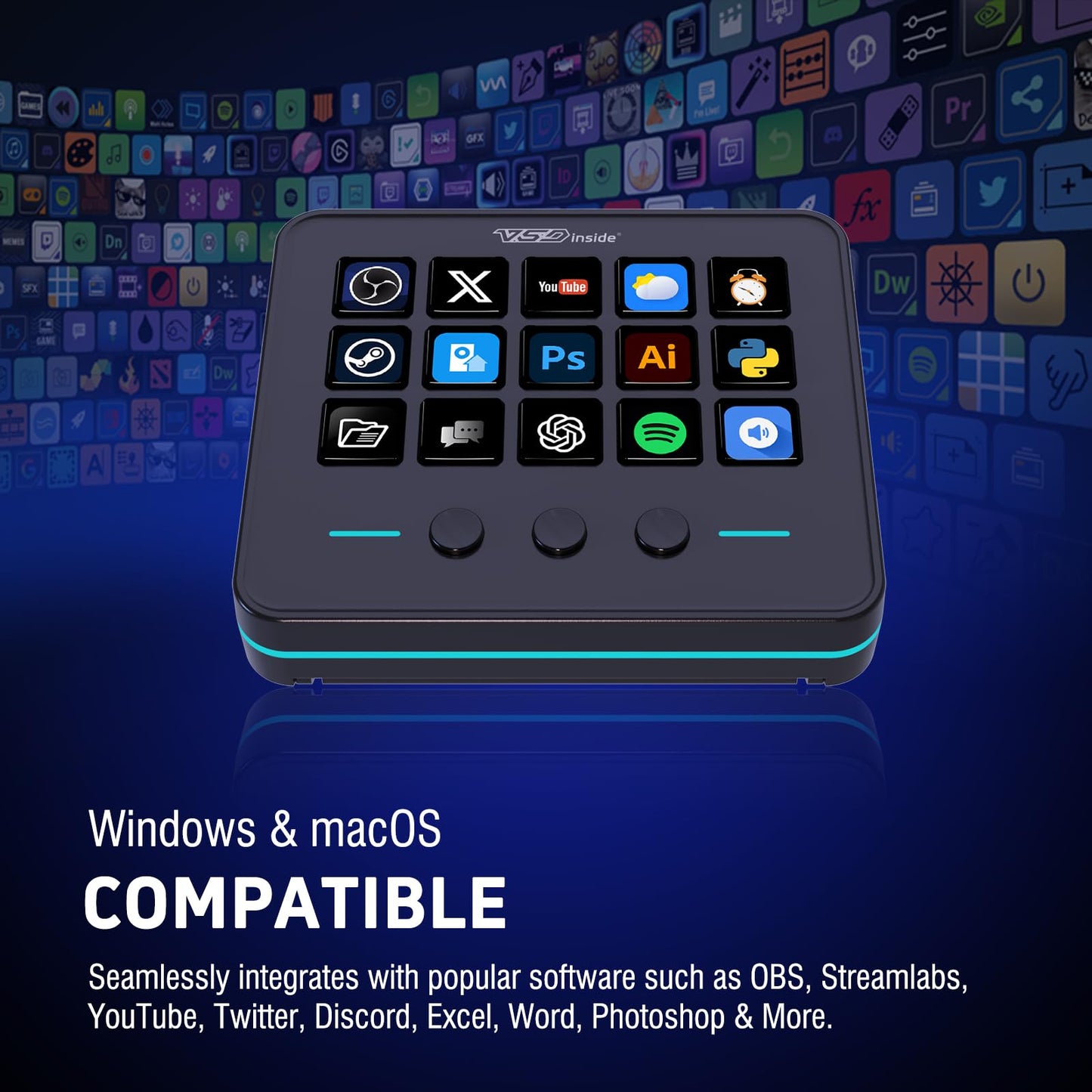 VSDINSIDE Macro Keypad, Stream Controller Deck Gaming Streaming Shortcut Keyboard, 18 Programmable Keys Customizable Visual AI Pad USB Soundboard for OBS, YouTube, Desk Office Setup, Laptop, PC, Mac