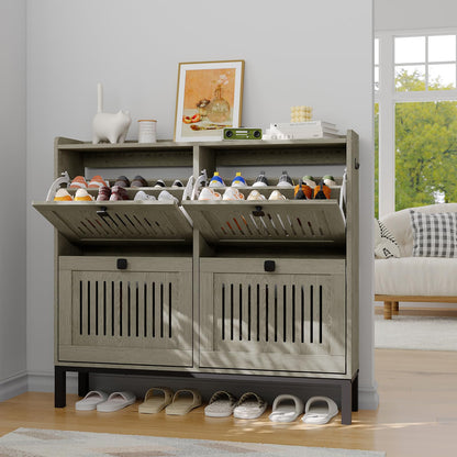 IDEALHOUSE Shoe Cabinet with 4 Flip-Drawers, Wooden Entryway Storage Organizer with Adjustable Shelf, Hidden Shoe Rack for Hallway & Living Room, Grey