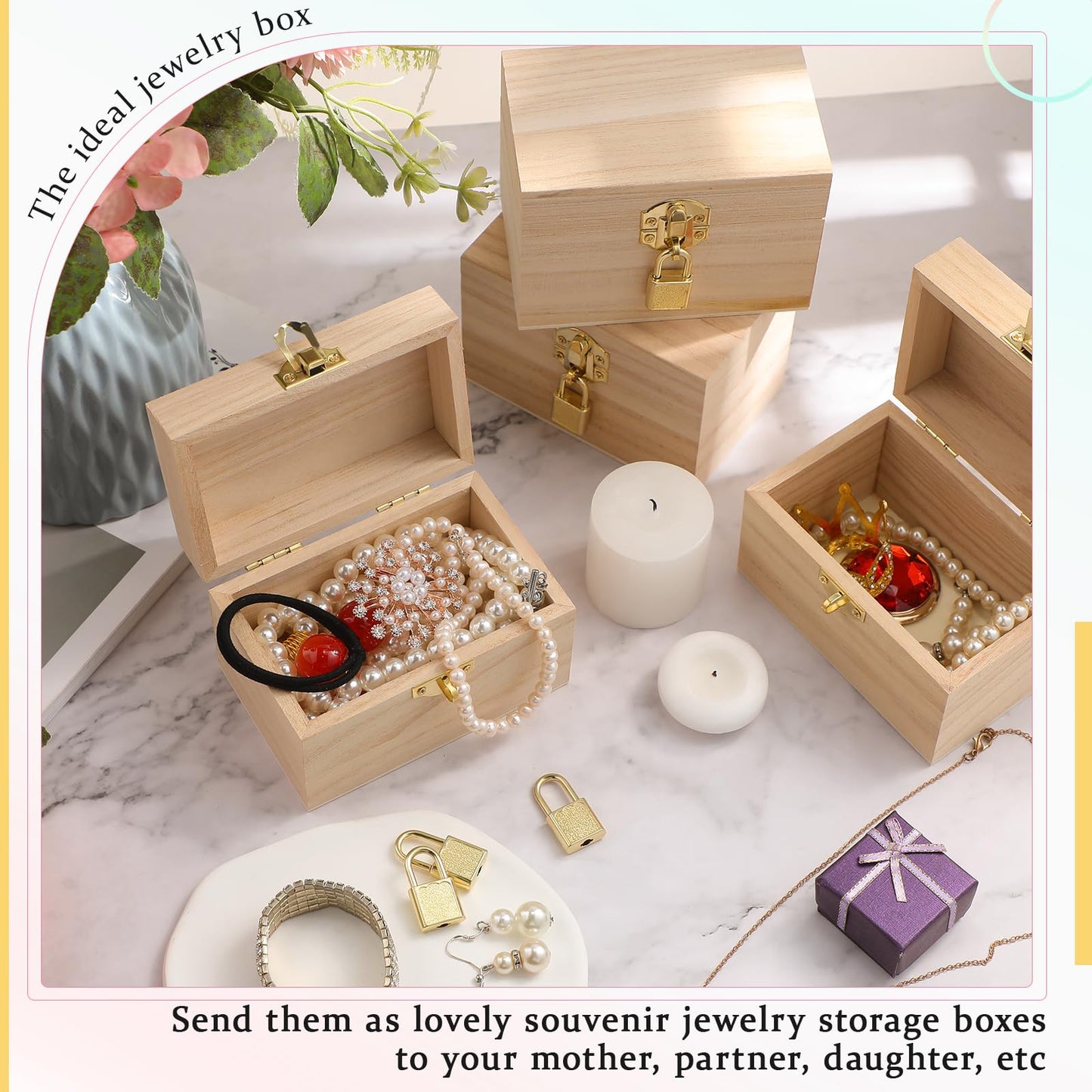 CroBlissful 36 Set 72 Pcs Unfinished Wooden Box with Hinged Lids and Mini Padlock Locks with Keys Unfinished Wood Treasure Chest Box for Craft Gift Jewelry Desktop Storage (Classic)