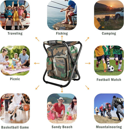 Kikerike Folding Stool Backpack Insulated Cooler Bag, Collapsible Camping Hunting Fishing Multifunction Chair with Front Pocket and Bottle Pocket for Outdoor Events, Hiking, Travel, Beach