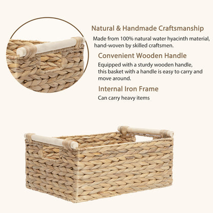 Water Hyacinth Wicker Storage Basket, Rectangular Handwoven Shelf Organizer with Wooden Handles for Pantry & Closet (Large)