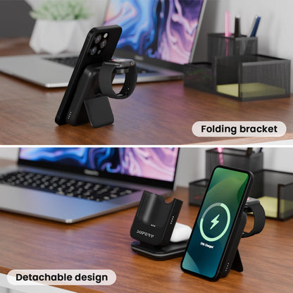 SUPERV 4 in 1 Wireless Charging Station: 5000mAh Removable Power Bank Foldable Charging Stand - Portable Magnetic Battery Pack for iPhone 17/16/15/14/13/12 Series and Apple Watch/AirPods (Black)