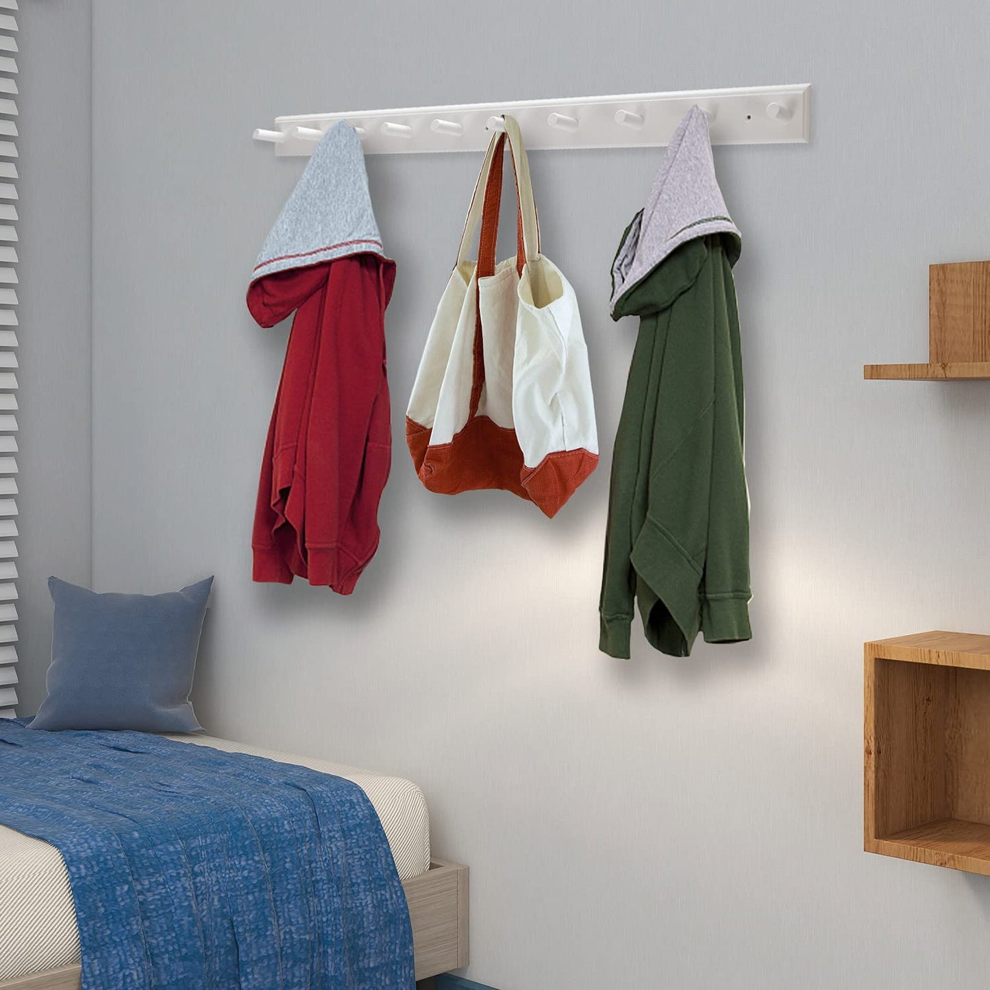 10 Hook Coat Rack Wall Mounted, Long 38 Inches Wooden Wall Coat Hanger with 10 Pegs, 16'' Hole to Hole Wall Coat Hooks for Hanging Towels, Hats, Backpacks, Clothing, Caps (White