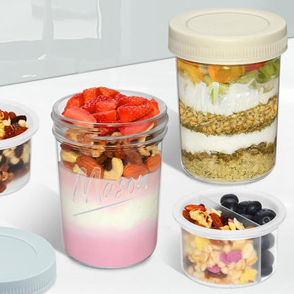 Xyptorix 16 oz Overnight Oats Containers with Lids, 2-Pack Leak-Proof Wide Mouth Mason Jars & Separate Compartments for Fruits/Nuts, Airtight Glass Jars for Chia Pudding, Yogurt, Parfait and Salad