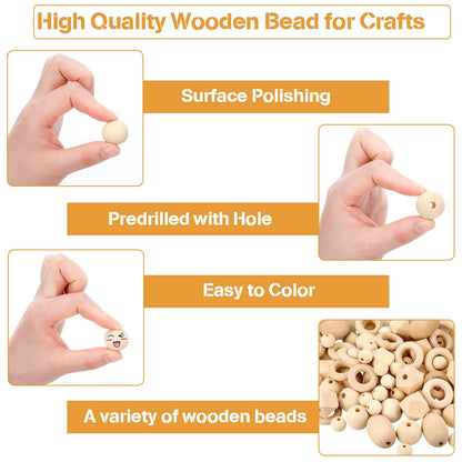 200 Pcs Natural Wood Beads Bulk 4 Styles Round Wood Hexagon Polygon Wooden Bird Spacer Unfinished Geometric Beads for DIY Crafts Garland Jewelry