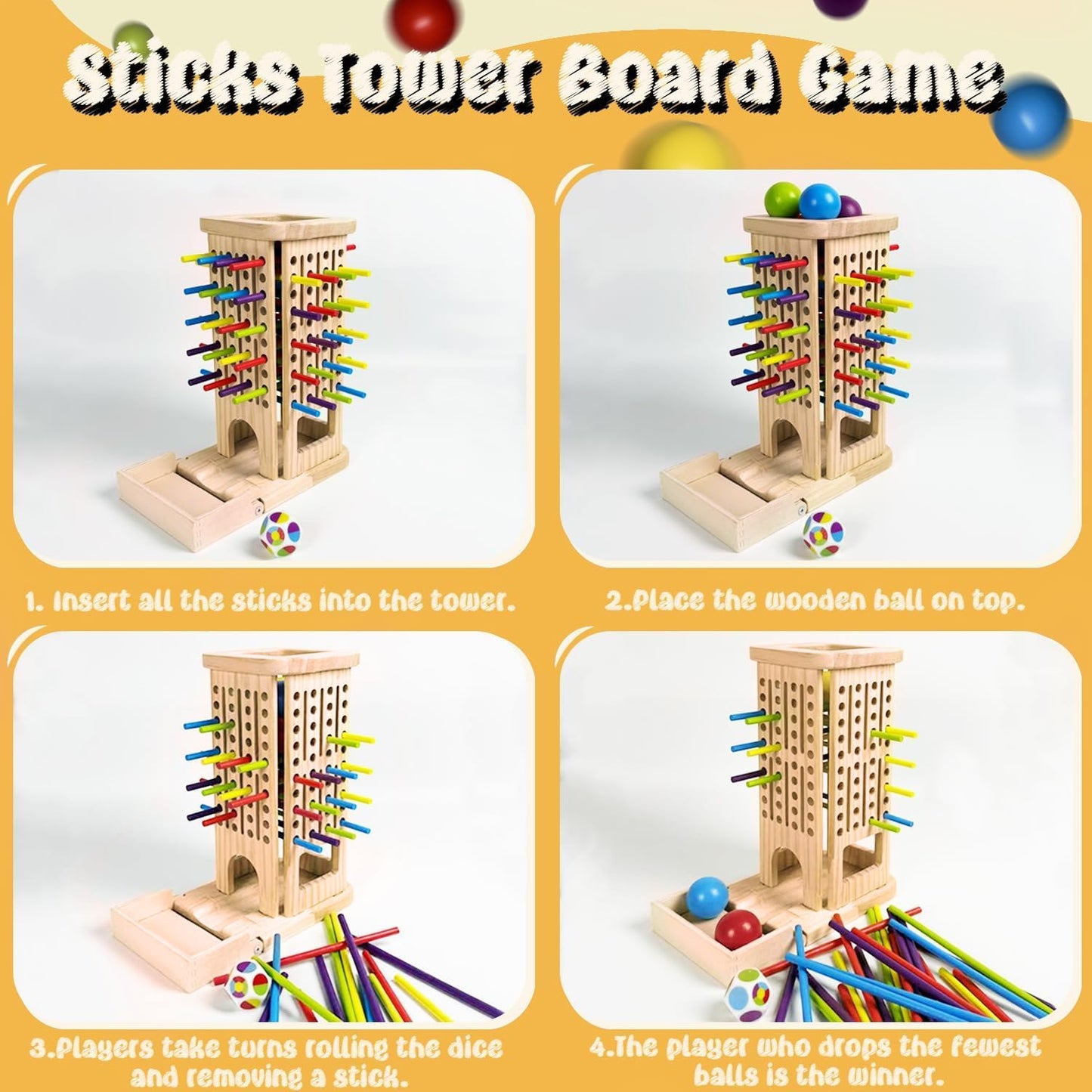 twivah 4-in-1 Board Game for Kids, Wooden Sorting & Stacking|Pick-up Sticks|Counting|Ball Drop Tower, Family Games for Kid and Adult, Montessori STEM Learning Toy for 3 4 5 6 7 8 Year Old Boy Girl