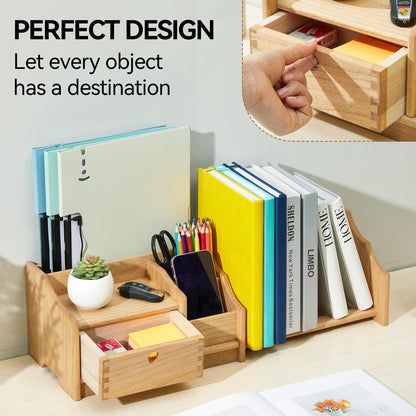 KIRIGEN Desktop Bookshelf Organizer with Drawer, Expandable Wood Desk Shelf, Fully Assembled Book Rack for Office Supplies, Files and Notebooks, Brown, 12.24 to 22.7 in Adjustable Width, SSSJ-S-NA