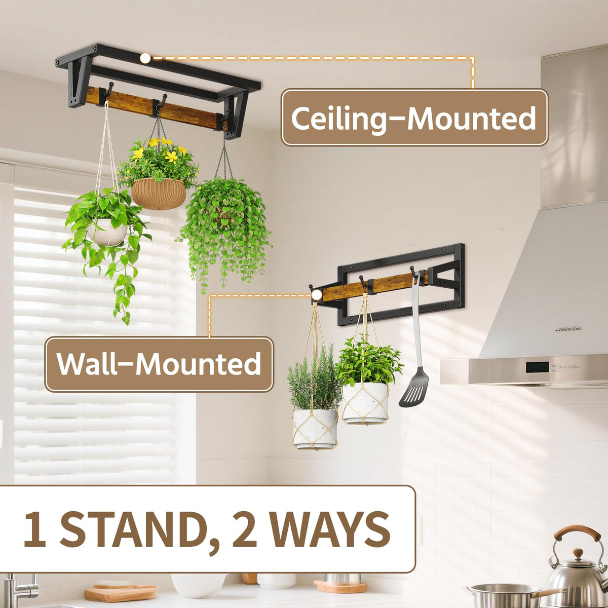 LASZOLA 2 Pcs Plant Hanger Indoor with 6 Heavy Duty Hanging Hooks, Metal and Wood Wall Mounted Plant Hanging Rod, Plant Shelves Holder Bar for Kitchen Window Ceiling (Pot/Chain/Plants not Included)
