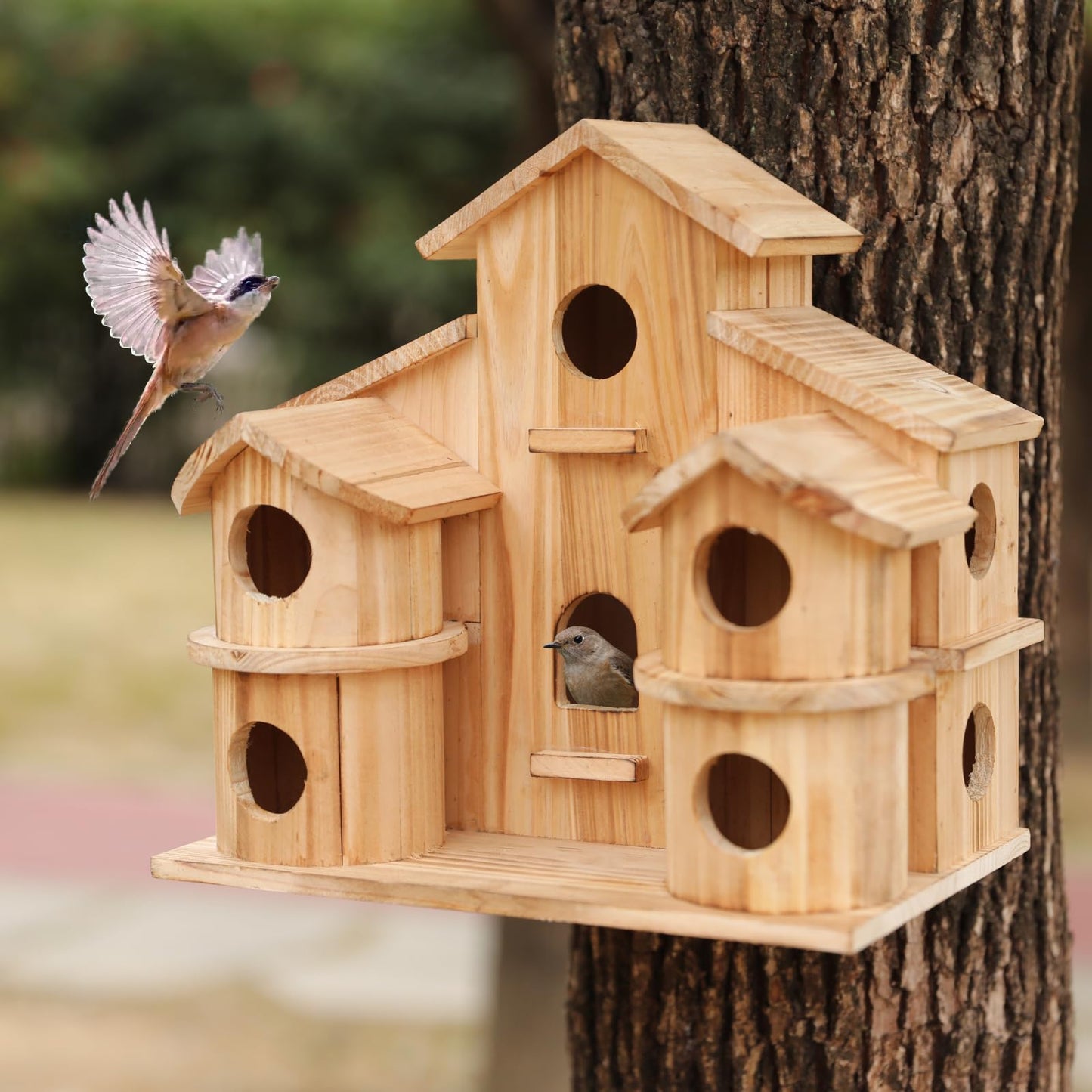 Bird Houses for Outside, Wooden 10 Hole Bird House for Multiple Birds, Hanging Birdhouse Nesting Box for Wren Finch Chickadee, Decorative Garden Bird Hotel