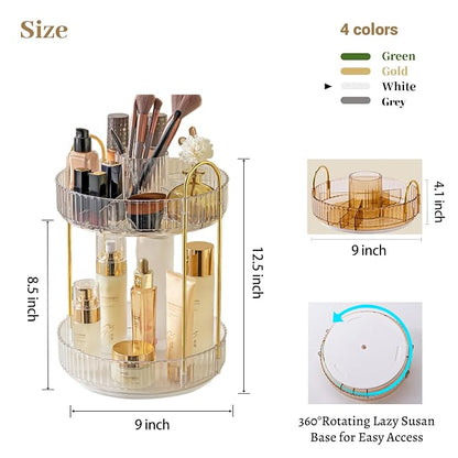 Aveniee 360 Rotating Makeup Organizer for Vanity, Upagraded Perfume Skincare Bathroom Counter Organizers with Brush Divider, Two Tier Spinning Lipstick Cosmetic Lotion Storage,White