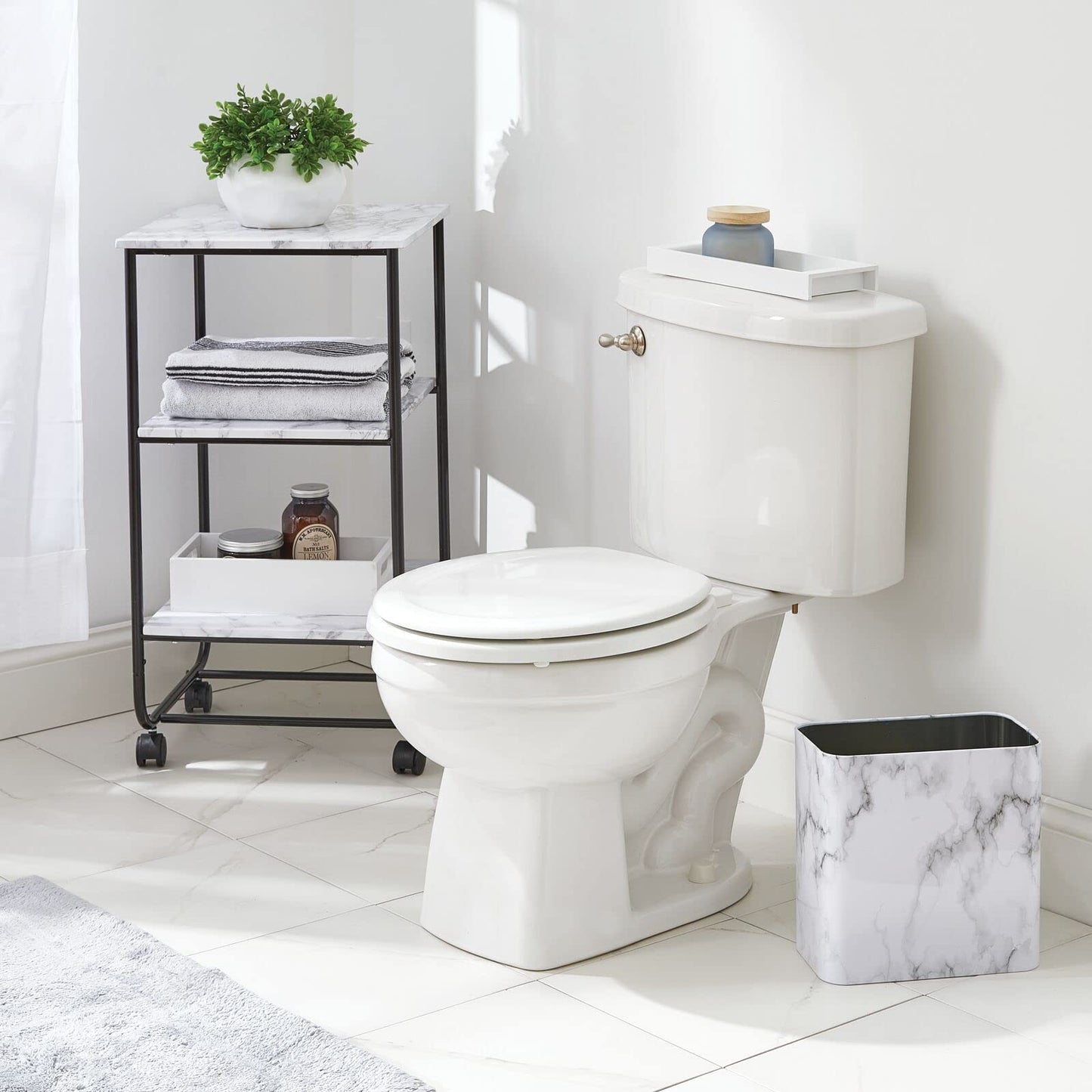 mDesign Metal Wastepaper Bin — Compact Rectangular Bathroom Bin — Rubbish Basket for Home and Office — Marble Coloured