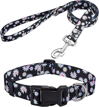 MarukoPet Dog Collar and Leash Set, Adjustable for Small Medium Large Dogs Puppy, Cute Design with Bohemia Floral Tribal Geometric Patterns Boys Girls Dog Collar(Black Daisy Set,M)