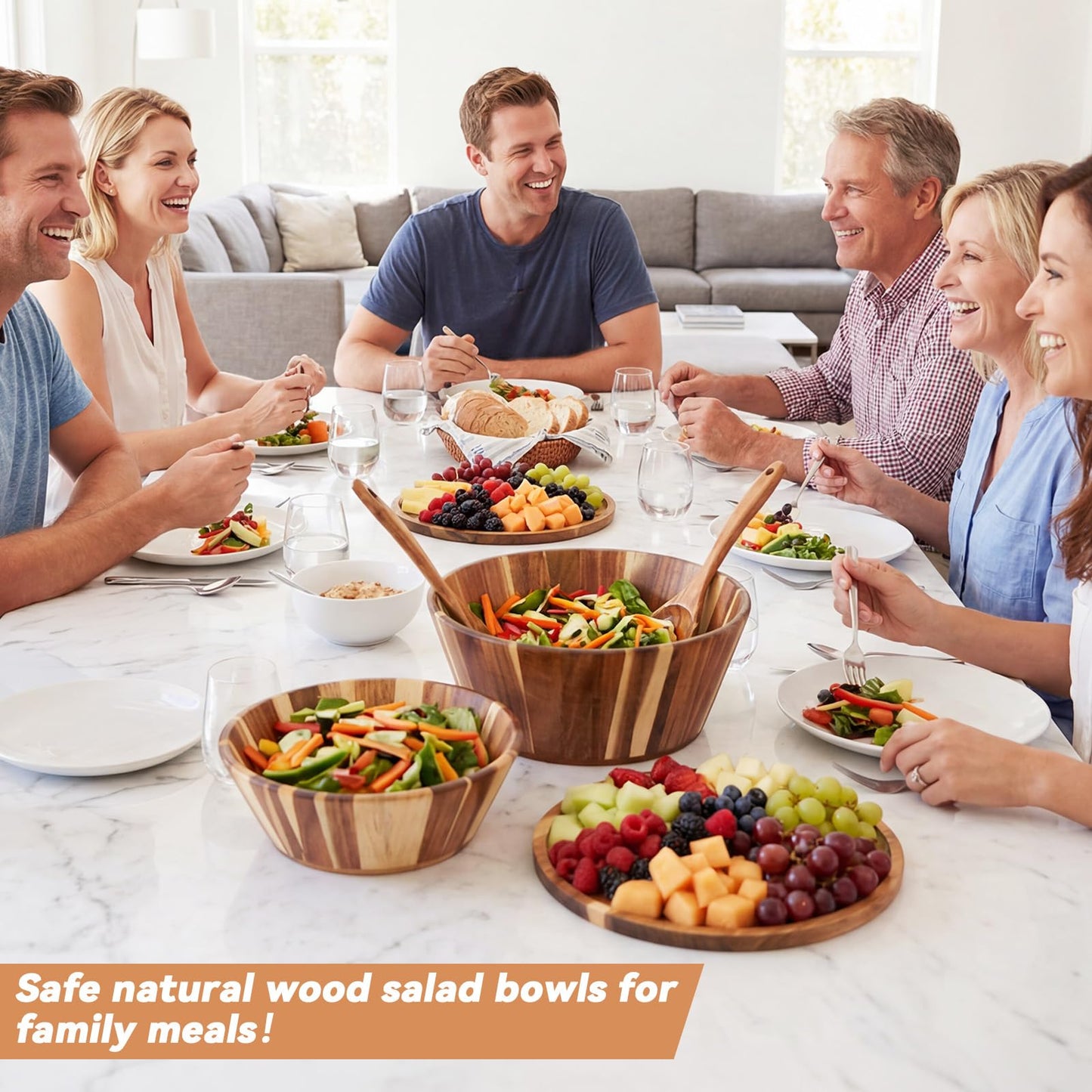 LemonRoad 2 Sets 10" 12" Large Wooden Salad Bowls Set Acacia Wooden Mixing Serving Bowls Decorative with Serving Utensils and Cover for Fruits Salad Pasta Kitchen Party
