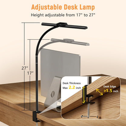 LED Desk Lamp for Home Office, Flexible Gooseneck Desk Lamp with Clamp, 5 Color Touch Control Stepless Dimming Adjustable Eye-Caring Desk Light with Adapter for Reading, Drafting, Study, Workbench
