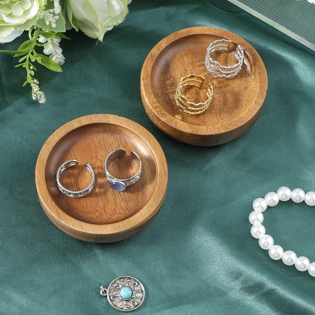 Beebeecraft 2Pcs Wood Ring Tray 2.78 inch Flat Round Jewelry Display